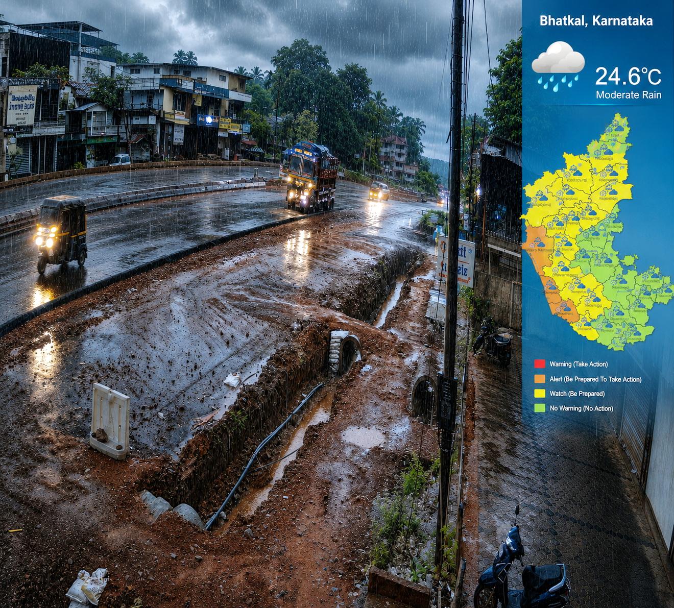 Heavy rain lashes Coastal Karnataka; Bhatkal faces 14-hour power outage as Uttara Kannada placed under Orange Alert